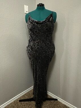 Valerie Stevens Black Beaded Cowl-Neck Maxi Dress